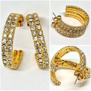 Vintage NOLAN MILLER Round Pierced Earrings Gold Tone Double Austrian Crystal 1”